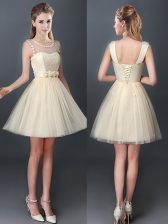 Exceptional Scoop Sleeveless Lace Up Mini Length Lace and Hand Made Flower Court Dresses for Sweet 16