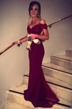  Burgundy Prom Dress Prom and Party with Lace Off The Shoulder Short Sleeves Brush Train Backless