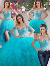  Four Piece Off the Shoulder Sleeveless Floor Length Beading and Ruffles Lace Up Sweet 16 Dresses with Teal