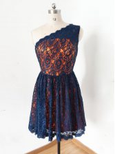 Elegant One Shoulder Sleeveless Zipper Dress for Prom Navy Blue Lace