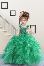 High Quality Apple Green Straps Neckline Beading and Ruffles Little Girls Pageant Dress Wholesale Sleeveless Lace Up