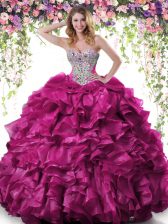Exquisite Fuchsia Ball Gowns Sweetheart Sleeveless Organza Floor Length Lace Up Beading and Ruffles 15th Birthday Dress