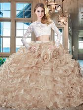 Glittering Scoop Long Sleeves Beading and Lace and Ruffles Zipper Ball Gown Prom Dress with Champagne Brush Train