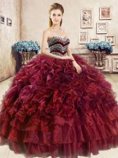 Edgy Sweetheart Sleeveless Ball Gown Prom Dress Floor Length Beading and Ruffles Wine Red Organza