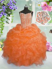 Beading and Ruffles and Pick Ups Little Girls Pageant Dress Orange Lace Up Sleeveless Floor Length