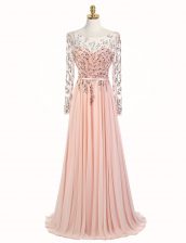 Charming Peach Scoop Backless Beading Prom Dresses Sweep Train Long Sleeves