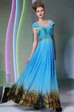  Printed Baby Blue Sleeveless Appliques and Pattern Floor Length Prom Dresses