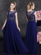 Superior Scoop Floor Length Navy Blue Homecoming Dress Chiffon Cap Sleeves Beading and Appliques
