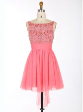  Scoop Backless Watermelon Red Sleeveless Beading and Sashes ribbons Mini Length Prom Dress