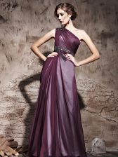 Trendy One Shoulder Floor Length Purple Prom Party Dress Satin Sleeveless Beading and Ruching