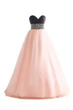 Perfect Pink And Black Sleeveless Beading Floor Length Prom Dress
