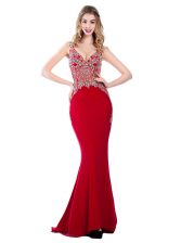  Mermaid Red Sleeveless Brush Train Beading With Train Prom Evening Gown