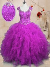  Purple Lace Up Square Beading and Ruffles Quinceanera Gown Tulle Cap Sleeves