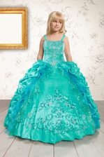 High Quality Straps Sleeveless Girls Pageant Dresses Floor Length Beading and Appliques and Pick Ups Aqua Blue Satin