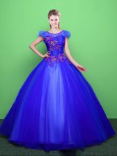  Tulle Scoop Short Sleeves Lace Up Appliques Quinceanera Gown in Blue