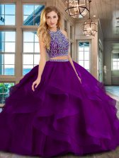 Edgy Scoop Purple Sleeveless Floor Length Beading and Ruffles Backless Ball Gown Prom Dress