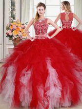  White and Red Tulle Zipper Scoop Sleeveless Floor Length Quince Ball Gowns Beading and Ruffles