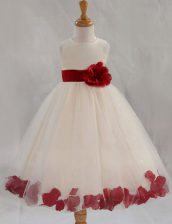  Tulle Scoop Sleeveless Zipper Appliques and Bowknot and Hand Made Flower Flower Girl Dresses for Less in White