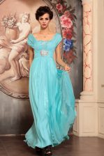 Flirting Aqua Blue Chiffon Side Zipper Off The Shoulder Cap Sleeves Floor Length Prom Gown Beading