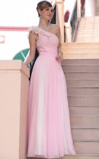 Chic Hot Pink A-line Chiffon One Shoulder Sleeveless Beading and Hand Made Flower Floor Length Side Zipper Prom Evening Gown