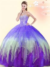 Luxurious Multi-color Tulle Lace Up 15 Quinceanera Dress Sleeveless Floor Length Beading