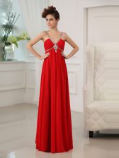  Floor Length Red Prom Party Dress Chiffon Sleeveless Beading and Ruching