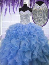  Blue Lace Up Quinceanera Gowns Beading and Ruffles Sleeveless Floor Length