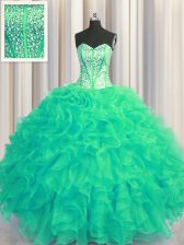 Deluxe Visible Boning Beaded Bodice Turquoise Sweetheart Neckline Beading and Ruffles Quinceanera Gowns Sleeveless Lace Up