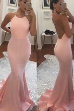 Beautiful Mermaid Sleeveless Satin With Train Sweep Train Backless Dress for Prom in Peach with Beading