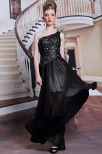  One Shoulder Floor Length Side Zipper Prom Evening Gown Black for Prom and Party with Appliques