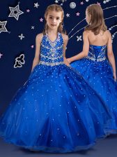  Royal Blue Little Girls Pageant Dress Quinceanera and Wedding Party with Beading Halter Top Sleeveless Lace Up