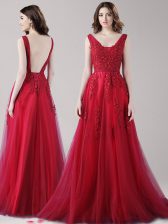 Customized Straps Floor Length Backless Evening Dress Wine Red for Prom with Beading and Appliques and Belt