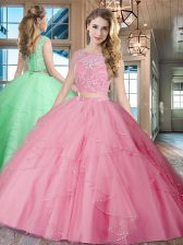  With Train Two Pieces Sleeveless Rose Pink Quinceanera Dresses Brush Train Lace Up