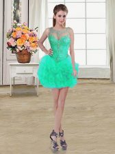  Turquoise Ball Gowns Scoop Sleeveless Tulle Mini Length Lace Up Beading and Ruffles Evening Dress