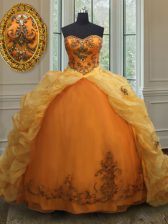  Sleeveless Organza With Train Court Train Lace Up 15 Quinceanera Dress in Orange with Beading and Appliques and Pick Ups