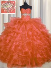  Ruffled Layers Orange Red Sleeveless Organza Lace Up Sweet 16 Dress for Military Ball and Sweet 16 and Quinceanera