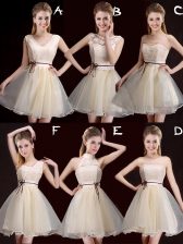 Sumptuous Lace and Appliques and Belt Court Dresses for Sweet 16 Champagne Lace Up Sleeveless Mini Length