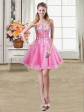Amazing Sequins Ball Gowns Dress for Prom Rose Pink Sweetheart Organza Sleeveless Mini Length Lace Up
