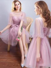 Fantastic Tulle Scoop Half Sleeves Lace Up Ruching and Bowknot Quinceanera Court of Honor Dress in Pink