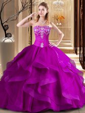 Fantastic Fuchsia Lace Up Ball Gown Prom Dress Embroidery and Ruffles Sleeveless Floor Length
