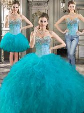 Chic Three Piece Aqua Blue Tulle Lace Up Sweetheart Sleeveless Floor Length 15th Birthday Dress Beading and Ruffles