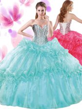 High Class Pick Ups Floor Length Turquoise Quinceanera Gowns Sweetheart Sleeveless Lace Up