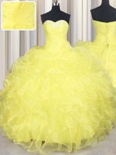 Wonderful Yellow Lace Up Quinceanera Gowns Beading and Ruffles Sleeveless Floor Length