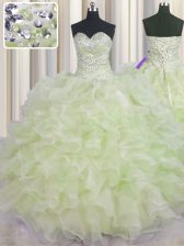 Custom Fit Yellow Green Ball Gowns Beading and Ruffles Quinceanera Gown Lace Up Organza Sleeveless Floor Length