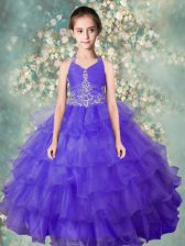 Trendy Halter Top Blue Sleeveless Beading and Ruffled Layers Floor Length Kids Pageant Dress