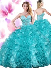 On Sale Teal Organza Lace Up Sweetheart Sleeveless Floor Length Ball Gown Prom Dress Beading and Ruffles