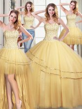 Gorgeous Four Piece Sequins Floor Length Ball Gowns Sleeveless Gold Sweet 16 Dresses Lace Up