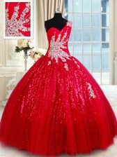 New Arrival One Shoulder Sleeveless Lace Up 15 Quinceanera Dress Red Tulle