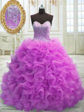 Decent Lilac Sweetheart Lace Up Beading and Ruffles Sweet 16 Dress Sweep Train Sleeveless
