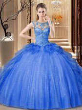  Blue Ball Gowns Tulle and Sequined Scoop Sleeveless Ruffles Floor Length Lace Up 15th Birthday Dress